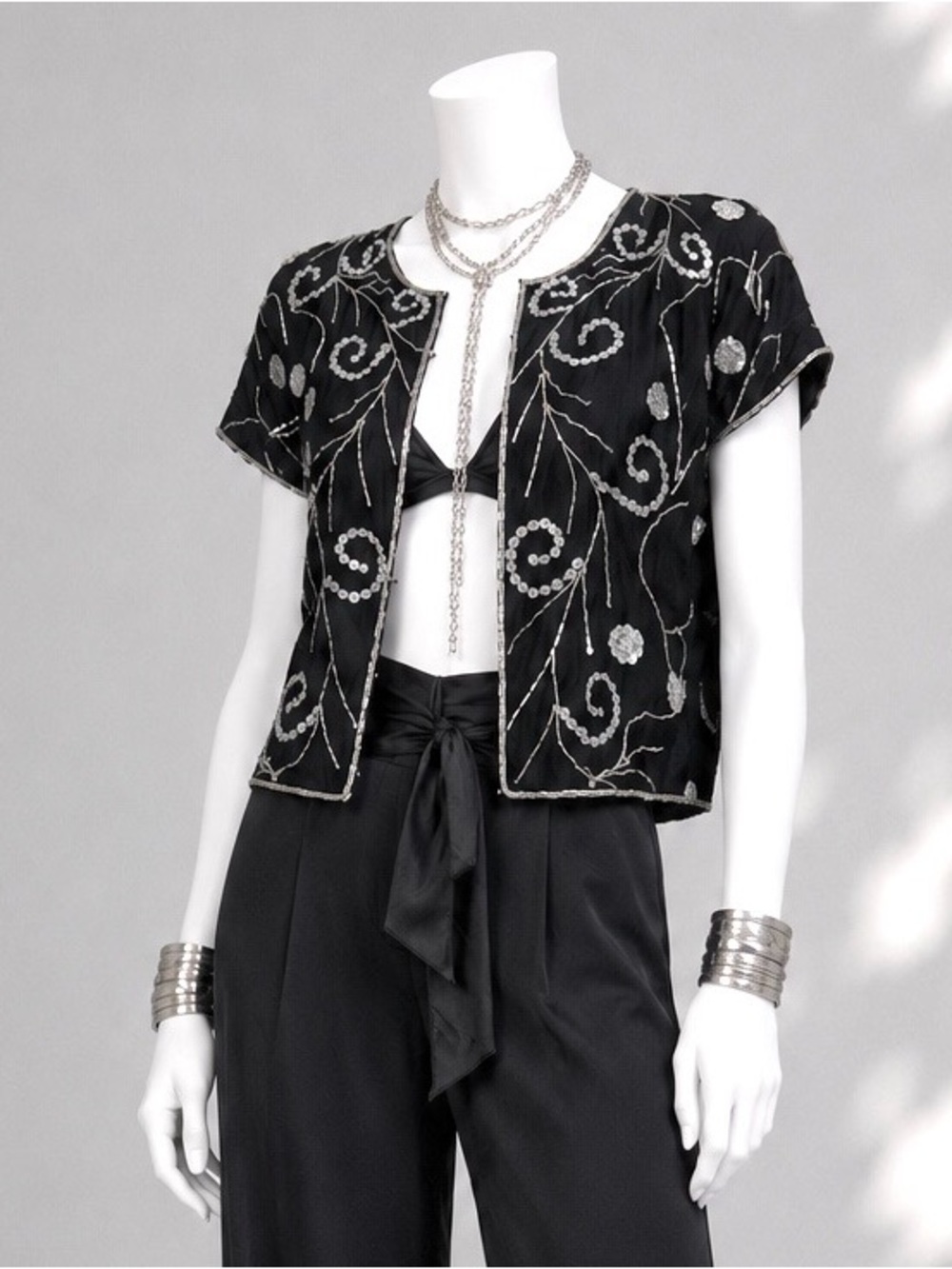 Vintage Whimsigoth Black Silk Beaded Sequin Top Fairycore S Tina